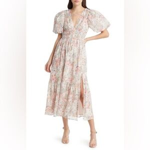 FLORET STUDIOS FLORAL PUFF SLEEVE EMPIRE WAIST DRESS IN PASTEL FLORAL B3255